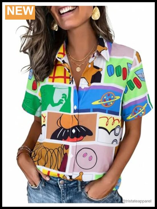 Tops - Funny Friendship Graphic Button Down Shirt Short Sleeve Blouse Vacation Tee for